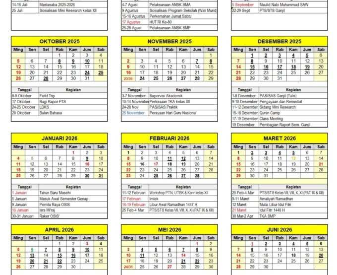Kalender Pendidikan SMP-SMA Cita Mulia 2025/2026